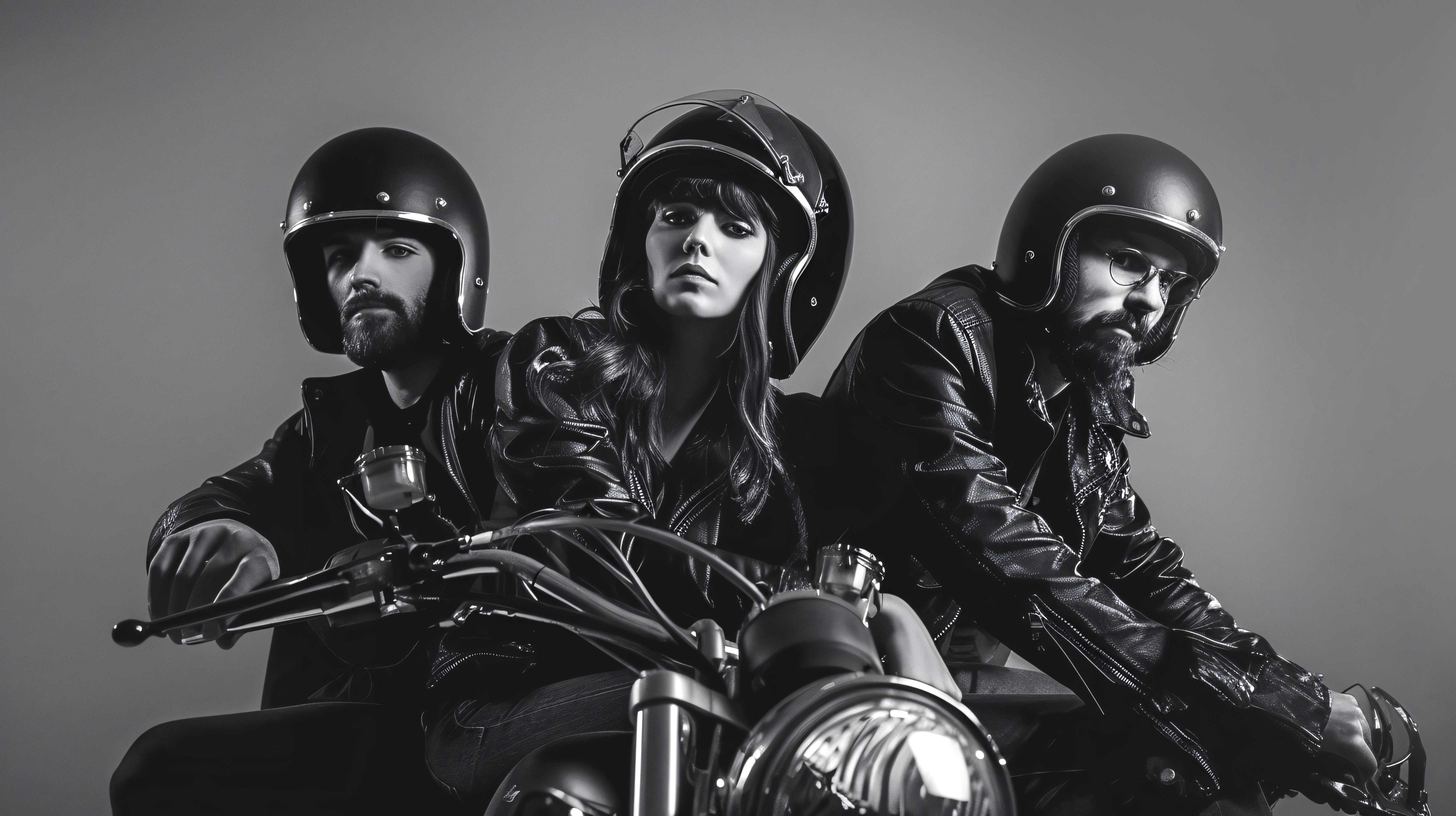 Stylish riders with motorcycle helmets in black and white